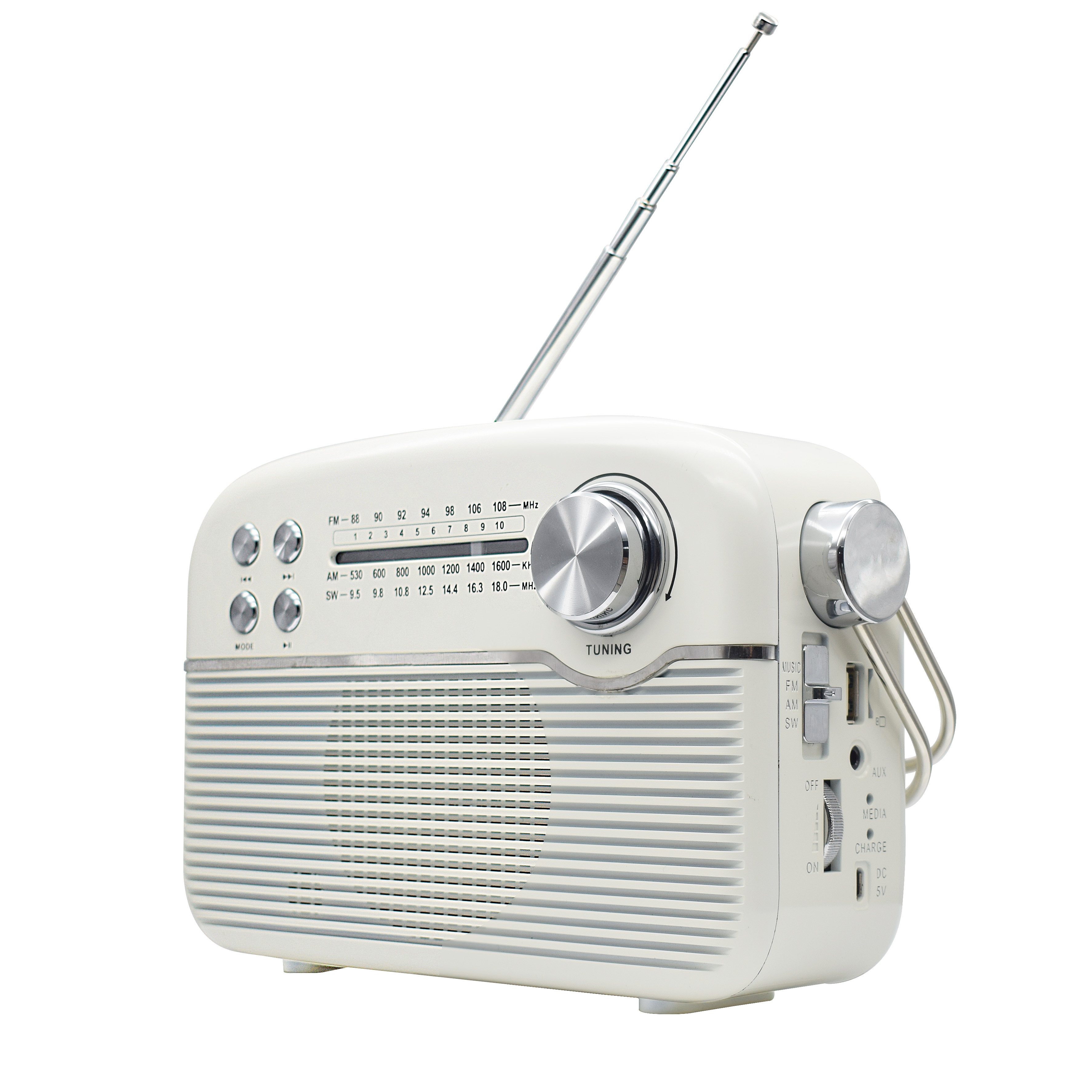 Радиоприемник MIRU SR-1024 с Bluetooth <AM/FM/SW, USB/microSD,Bluetooth, AUX, аккум.батарея 1200мАч, батареи питания^ 2*R20 (D) 3B, 220V, 230*88*200мм, белый>