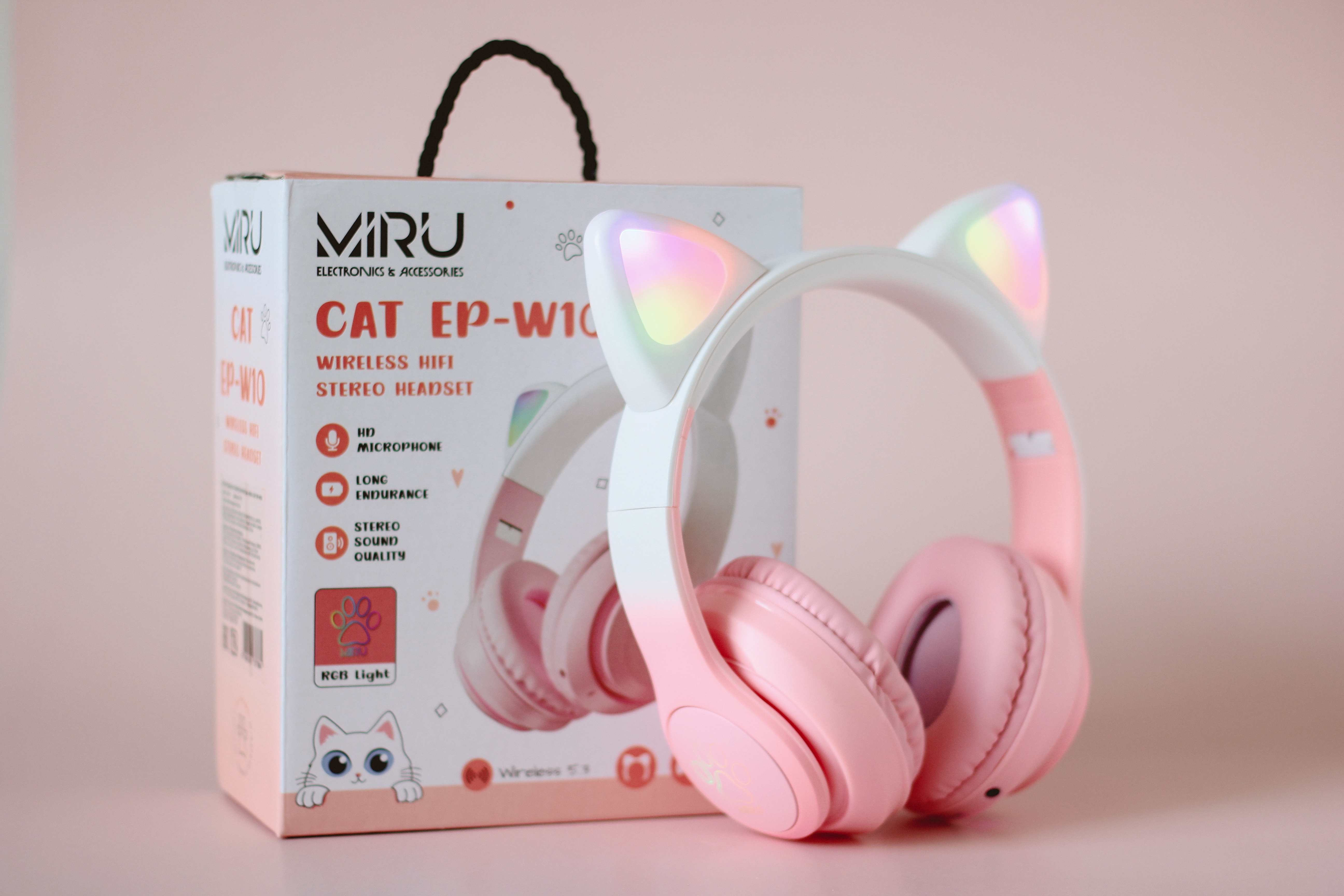 Беспроводная гарнитура MIRU CAT EP-W10 (розовый) <Беспроводная гарнитура MIRU CAT EP-W10 (розовый) W101, Накладные, стерео Bluetooth-гарнитура, 2.402 -2.480 ГГц, 32 Ом, Pink, 40 мм, 20,5 см, BT5.3, радиус действ.10м, время работы 8ч, 400м/Ач, розовый>
