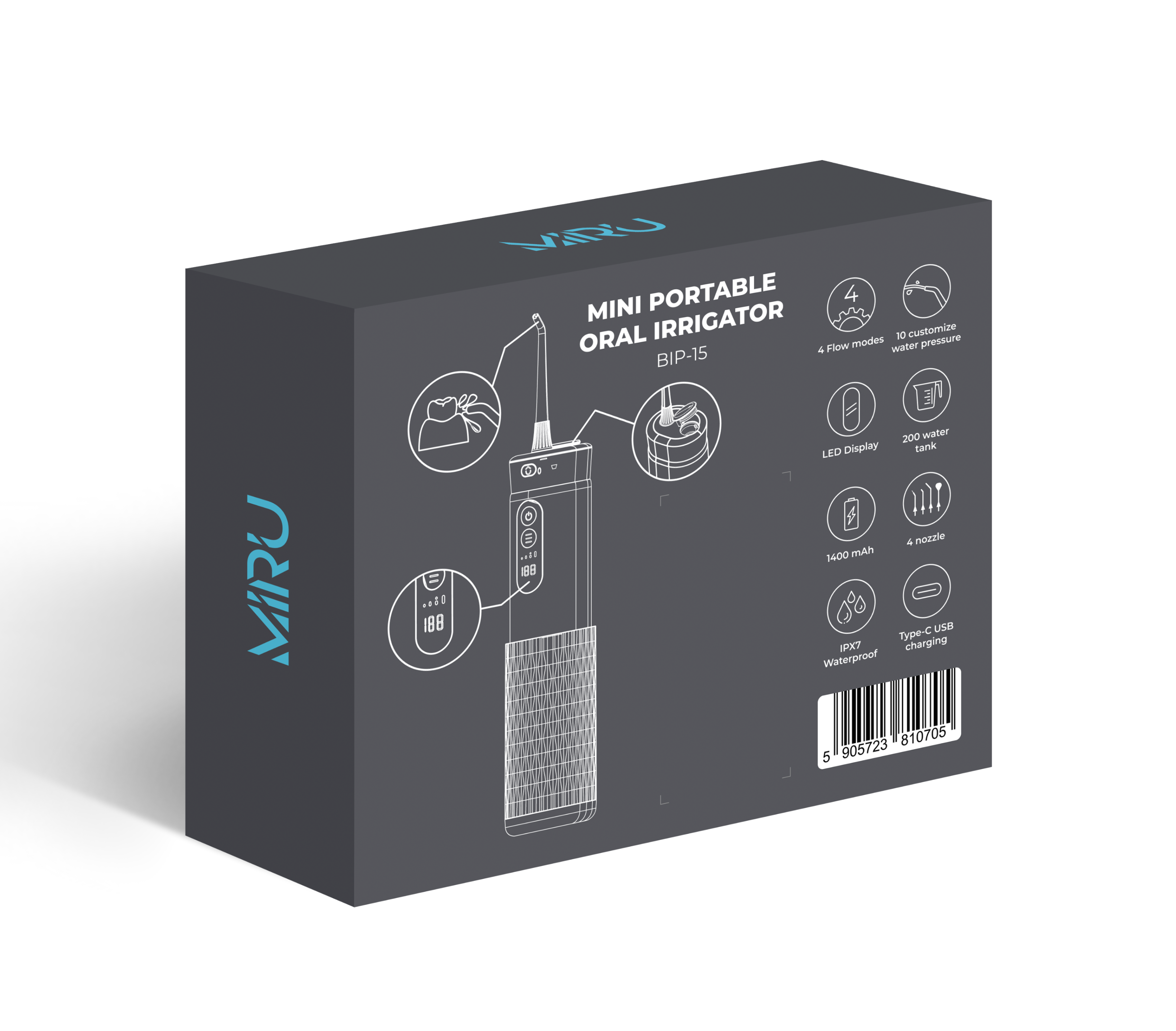 Ирригатор портативный мини для полости рта MIRU BIP-15 (серый) <1400mAh,200ml,цвет серый>