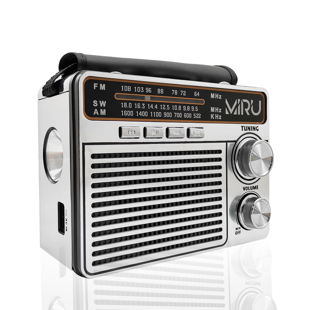 Радиоприемник MIRU SR-1020 <Портативный с ручкой, AM/FM/SW, USB/TF/microSD, AUX, встр.бат., 220V, фонарик, 17,4*9,4*13,2см>