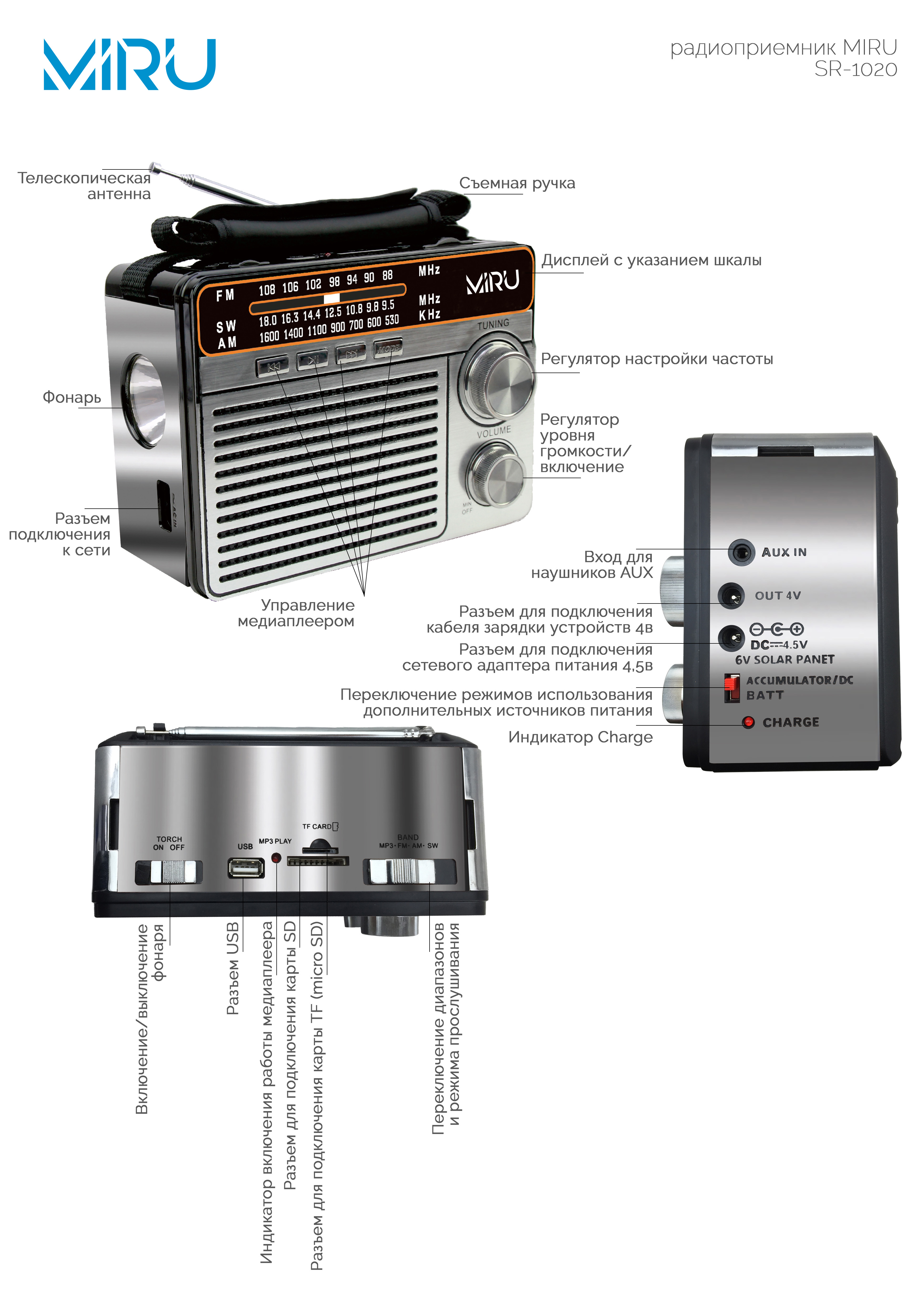 Радиоприемник MIRU SR-1020 <Портативный с ручкой, AM/FM/SW, USB/TF/microSD, AUX, встр.бат., 220V, фонарик, 17,4*9,4*13,2см>