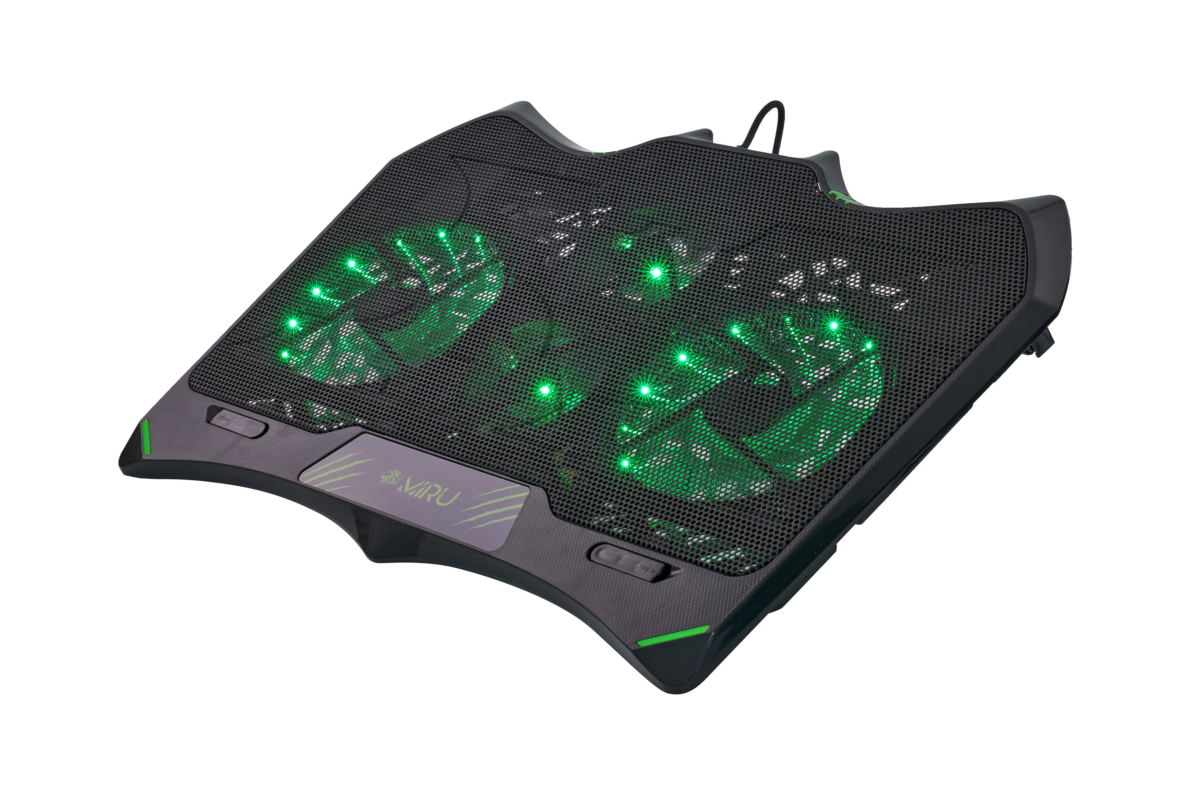 Подставка для ноутбука MIRU CP2001 Enigma <до 17.3",1000(>)-2200(<)±10%об/мин,LEDзелен,5Вт,1000мА,5В DC,охл-е:актив-е,шум 36дБ,3 ур-я выс-ы,4 вент-ра,2xUSB2.0,АБС+желез сетка,53CFM, кабель 60см>