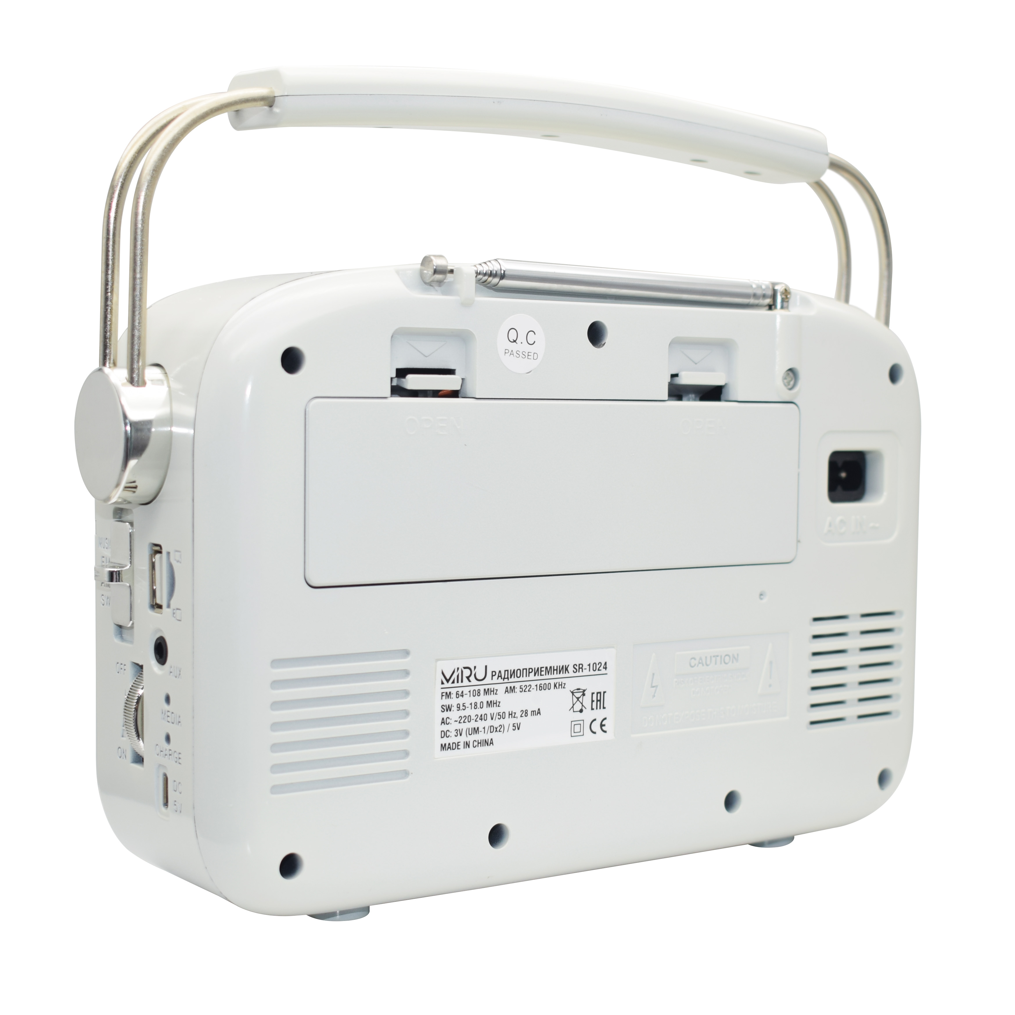 Радиоприемник MIRU SR-1024 с Bluetooth <AM/FM/SW, USB/microSD,Bluetooth, AUX, аккум.батарея 1200мАч, батареи питания^ 2*R20 (D) 3B, 220V, 230*88*200мм, белый>