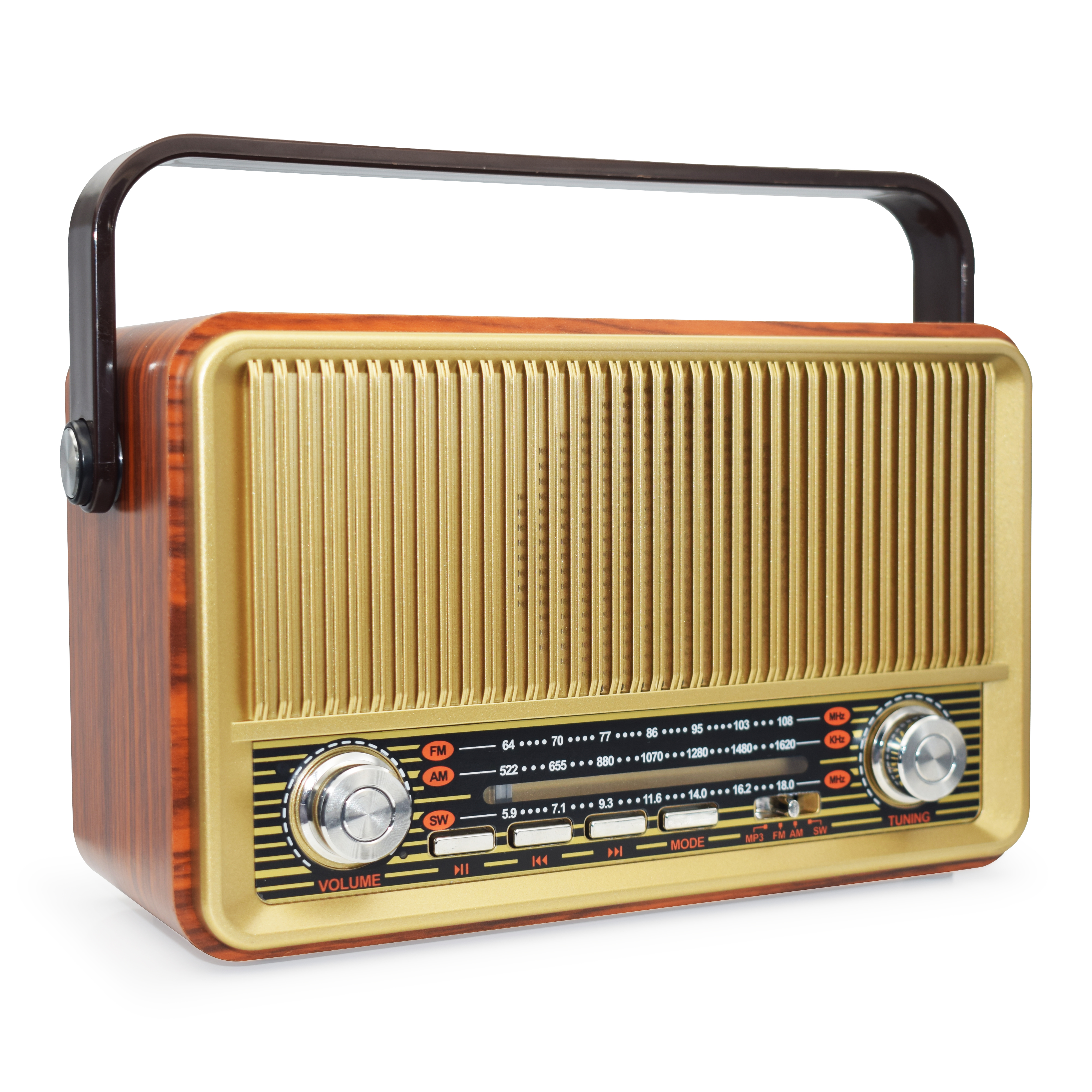 Радиоприемник MIRU SR-1028 <AM/FM/SW, USB/TF, AUX, аккум.батарея 1200мАч (18650) 3B, 220V, 215*90*130мм, им. дерева>