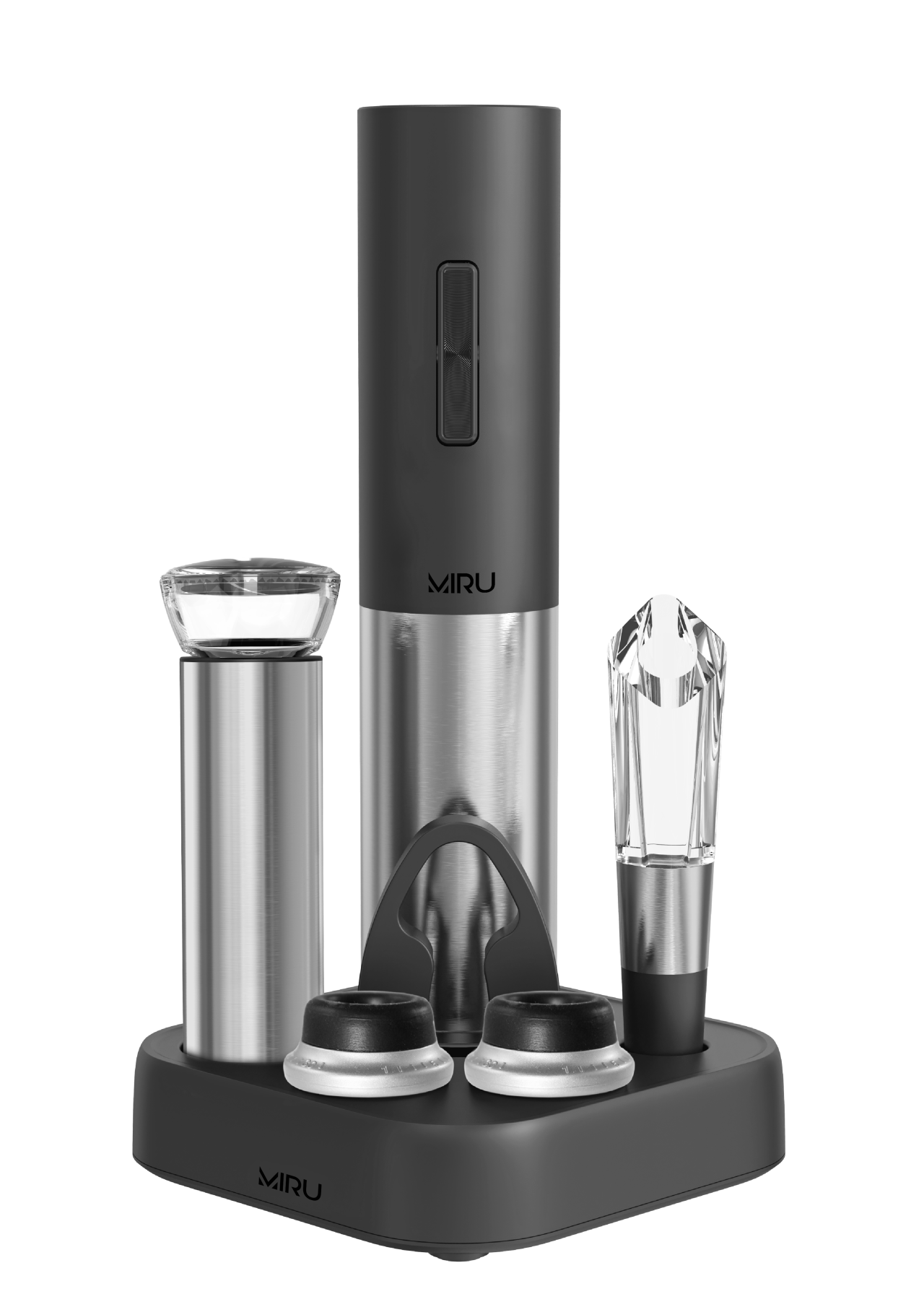 Штопор электрический MIRU, набор KAWO04 <Штопор - 1 шт.,Нож для фольги - 1 шт.,Аэратор - 1 шт.,Подставка - 1 шт.,Кабель - 1 шт,Вакуумный насос - 1 шт,Пробки- 2шт.,чёрн.-металл>