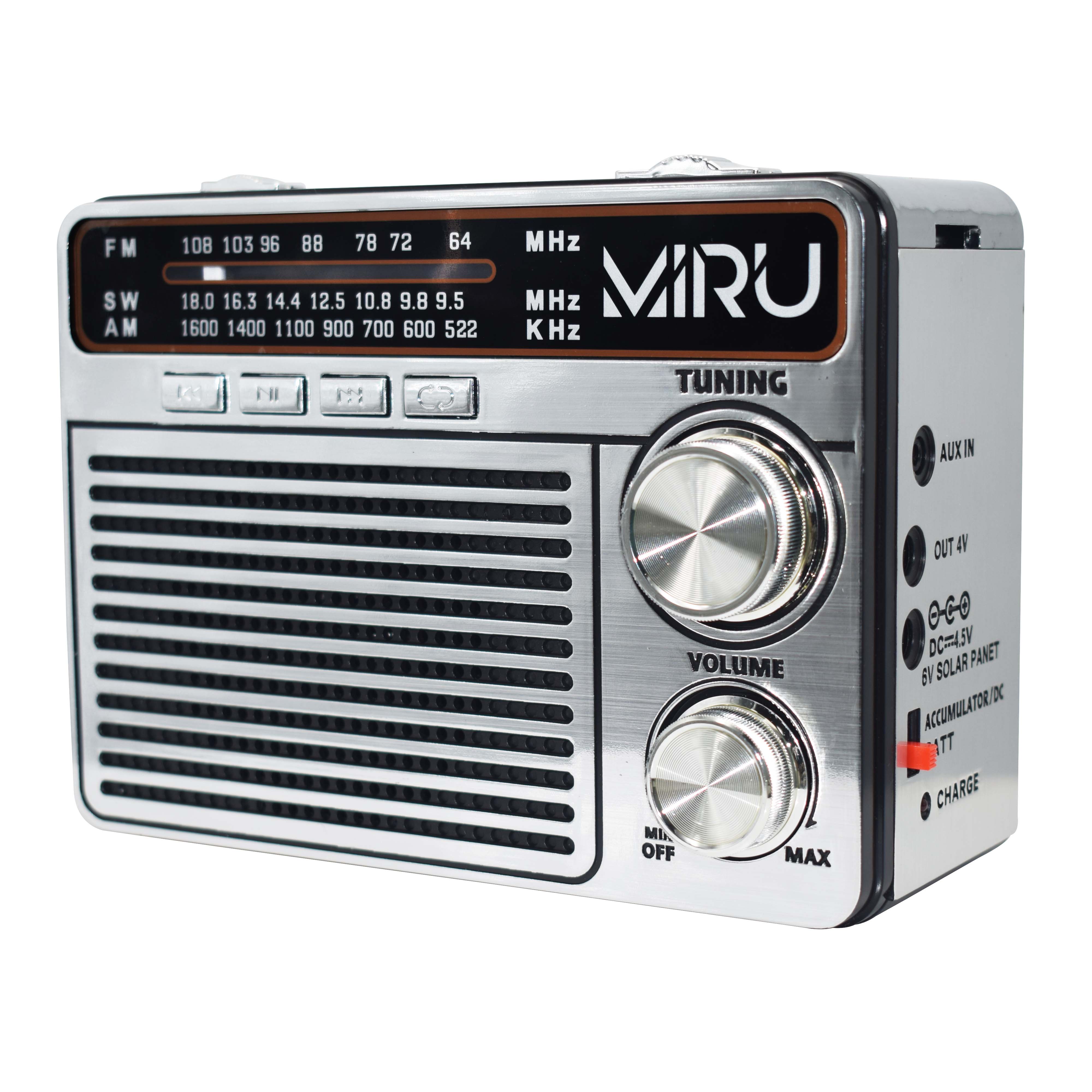 Радиоприемник MIRU SR-1020 <Портативный с ручкой, AM/FM/SW, USB/TF/microSD, AUX, встр.бат., 220V, фонарик, 17,4*9,4*13,2см>