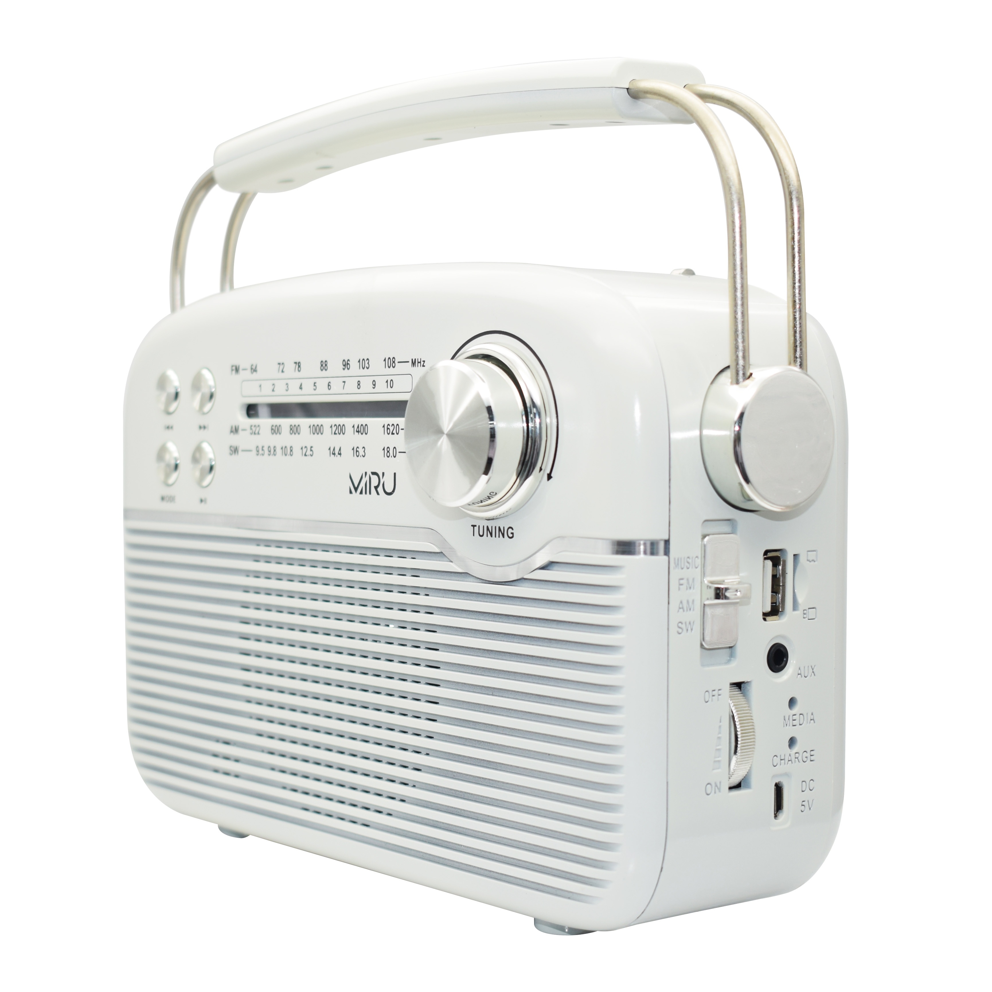 Радиоприемник MIRU SR-1024 с Bluetooth <AM/FM/SW, USB/microSD,Bluetooth, AUX, аккум.батарея 1200мАч, батареи питания^ 2*R20 (D) 3B, 220V, 230*88*200мм, белый>