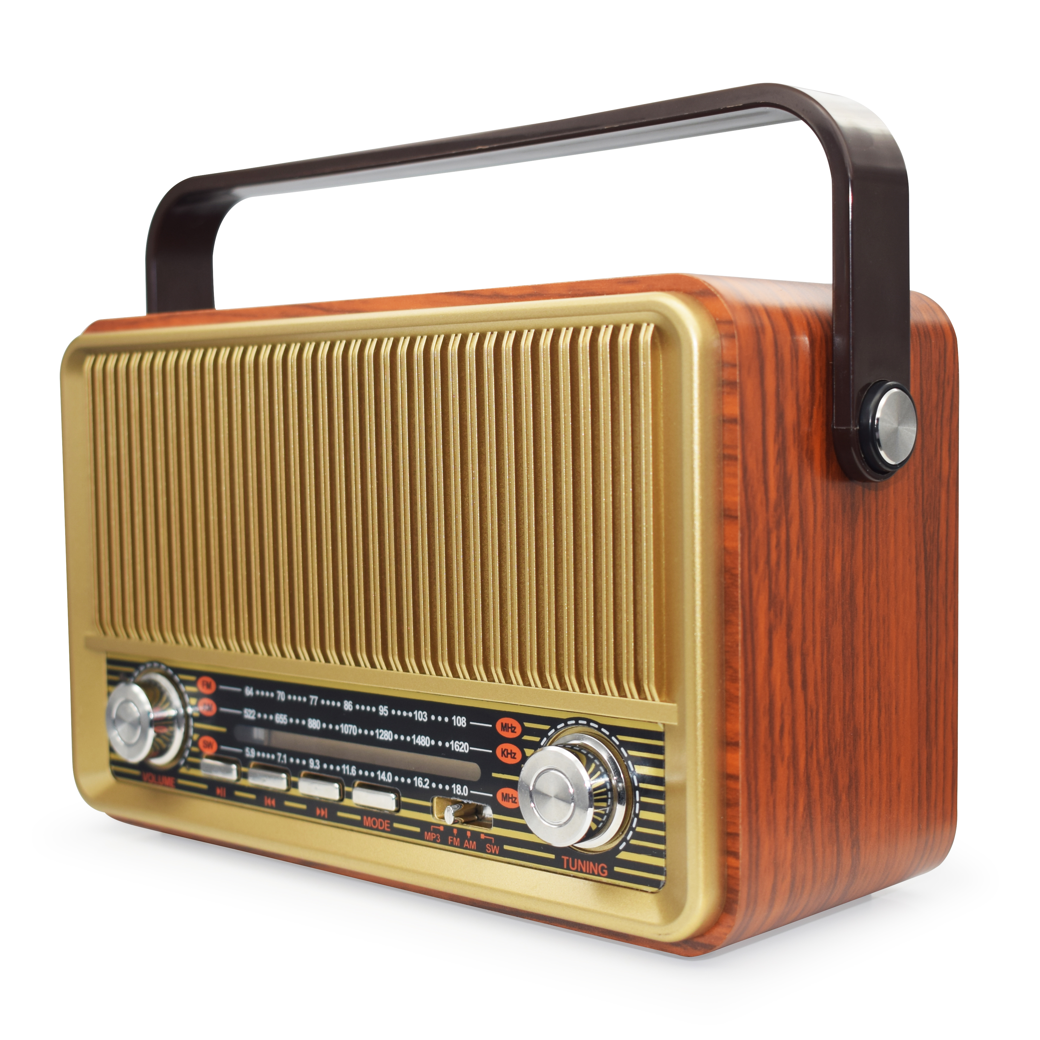 Радиоприемник MIRU SR-1028 <AM/FM/SW, USB/TF, AUX, аккум.батарея 1200мАч (18650) 3B, 220V, 215*90*130мм, им. дерева>