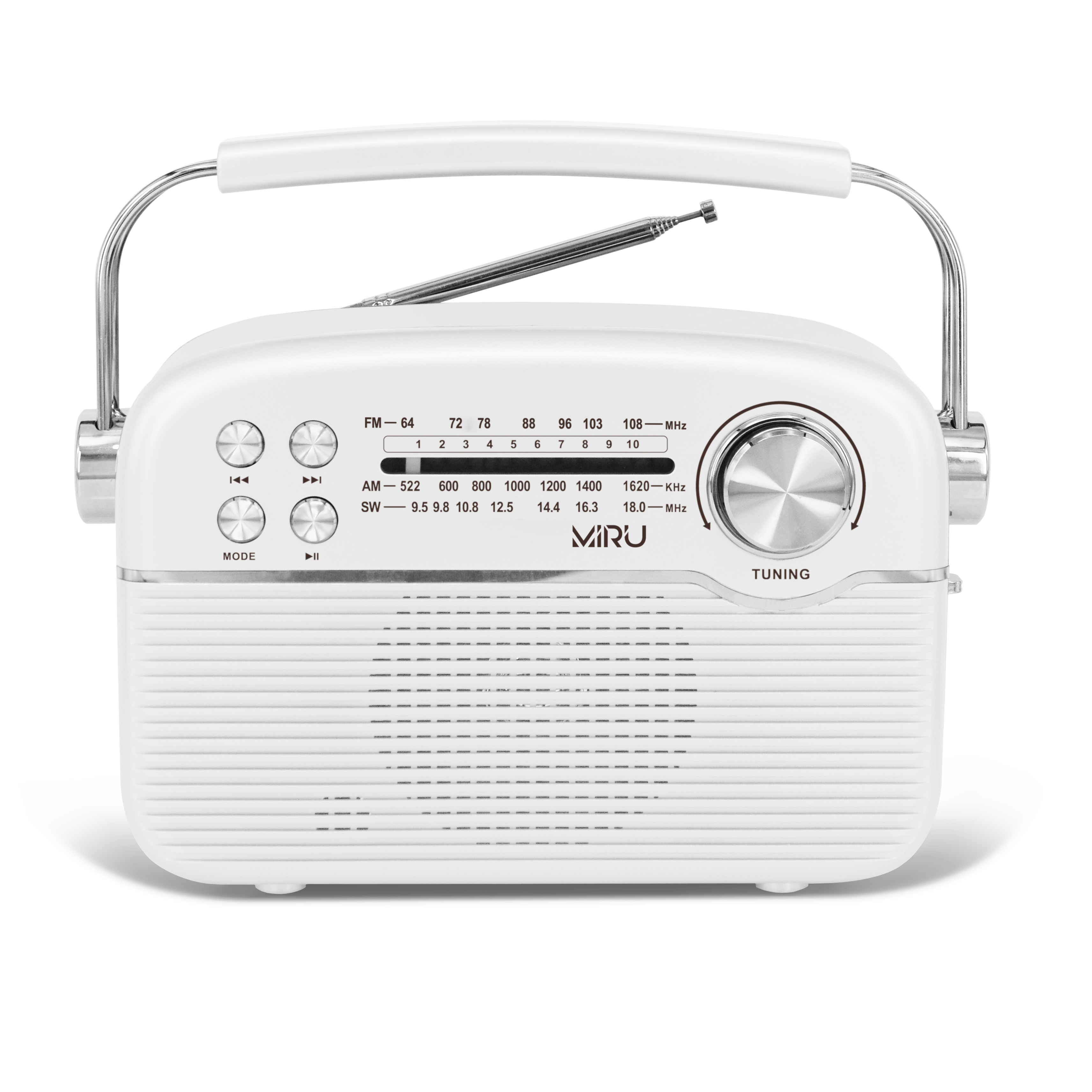 Радиоприемник MIRU SR-1024 с Bluetooth <AM/FM/SW, USB/microSD,Bluetooth, AUX, аккум.батарея 1200мАч, батареи питания^ 2*R20 (D) 3B, 220V, 230*88*200мм, белый>