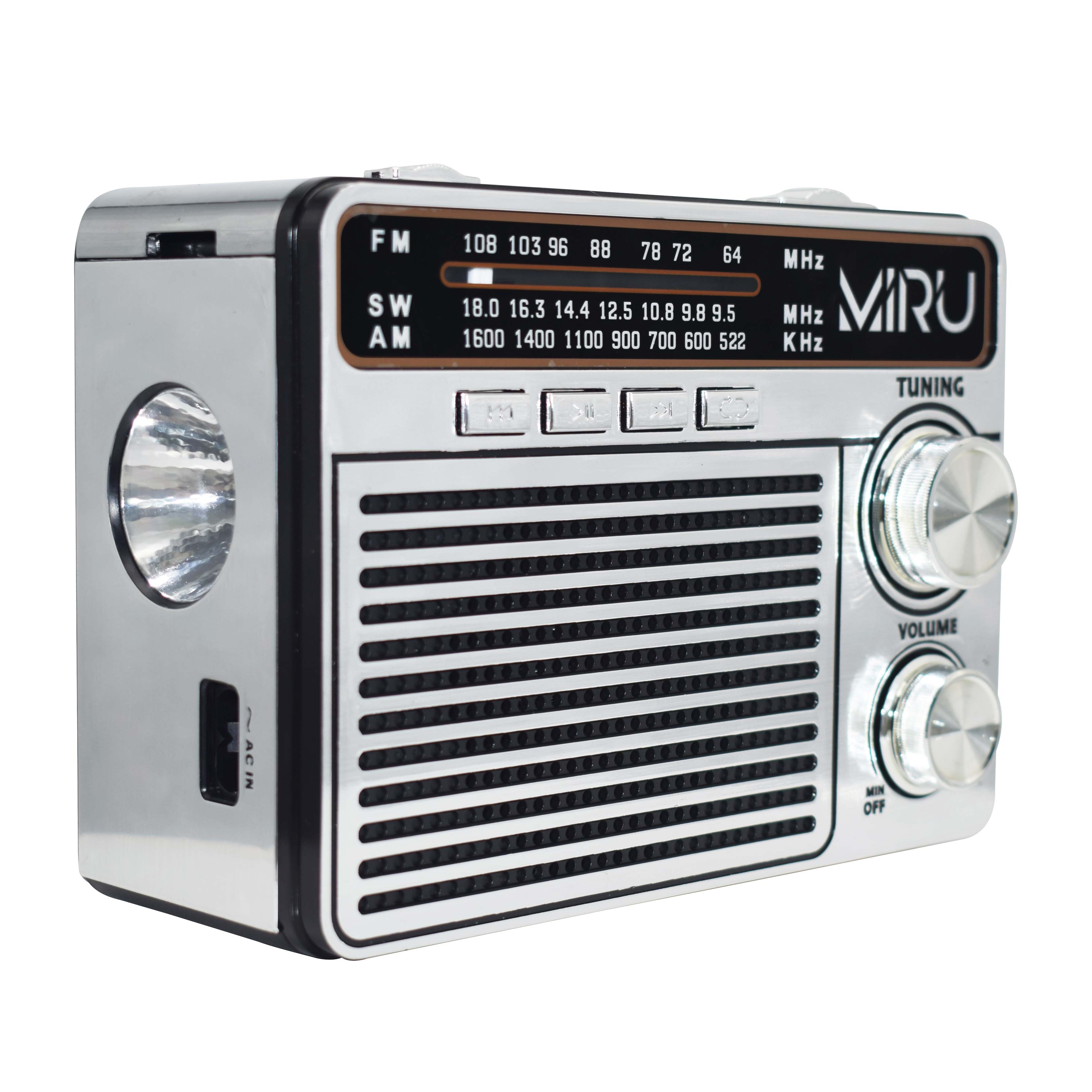 Радиоприемник MIRU SR-1020 <Портативный с ручкой, AM/FM/SW, USB/TF/microSD, AUX, встр.бат., 220V, фонарик, 17,4*9,4*13,2см>